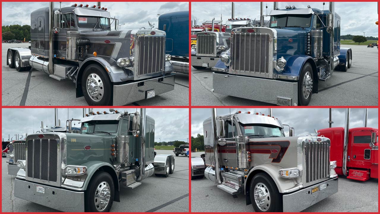 Four Peterbilt semi-trucks displayed in parking lot from different front angles