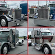 Four Peterbilt semi-trucks displayed in parking lot from different front angles