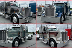 Four Peterbilt semi-trucks displayed in parking lot from different front angles