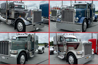 Four Peterbilt semi-trucks displayed in parking lot from different front angles