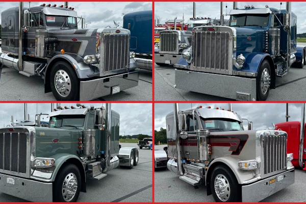 Four Peterbilt semi-trucks displayed in parking lot from different front angles