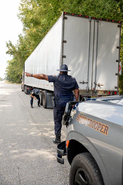State trooper conducting traffic stop on commercial truck along rural highway