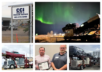 Car Couriers' 12 mostly stinger-steer car-haul units run a mix of new and used vehicles within Canada and cross-border from the port in Aberdeen, Washington, to points north, among a variety of other moves owner Gerry Neilon (pictured, left) and team keep their heads on a swivel for, rolling with market punches with dexterity. Company safety man and longtime trainer Ron Spring, a former owner-operator, put Car Couriers forward as a contender for Overdrive's Small Fleet Champ award this year. Spring described Neilon as modest perhaps to a fault for what he really is, the consummate businessman. A day out looking at equipment together, Spring recalled, 'I’m looking at [a truck] -- 'What’s the original cost, other options, will this really work or not?' As soon as I finish talking, Gerry's got the net-net figured out.' The company also operates a service shop doing fleet and outside maintenance work in Calgary, nearby headquarters in Cremona.