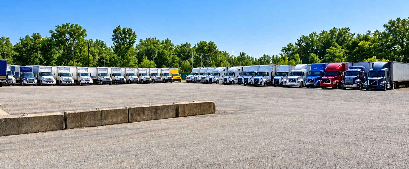 Fleet of commercial trucks and semi-trailers parked in organized rows at a logistics facility with trees in background