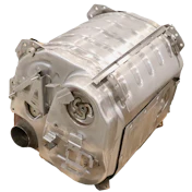 Silver catalytic converter automotive exhaust system component with mounting brackets and cylindrical chamber
