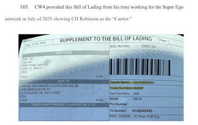 Supplement to Bill of Lading dated July 22, 2025, showing carrier CH Robinson and shipping details from Cary, DC to Cleveland, Ohio.