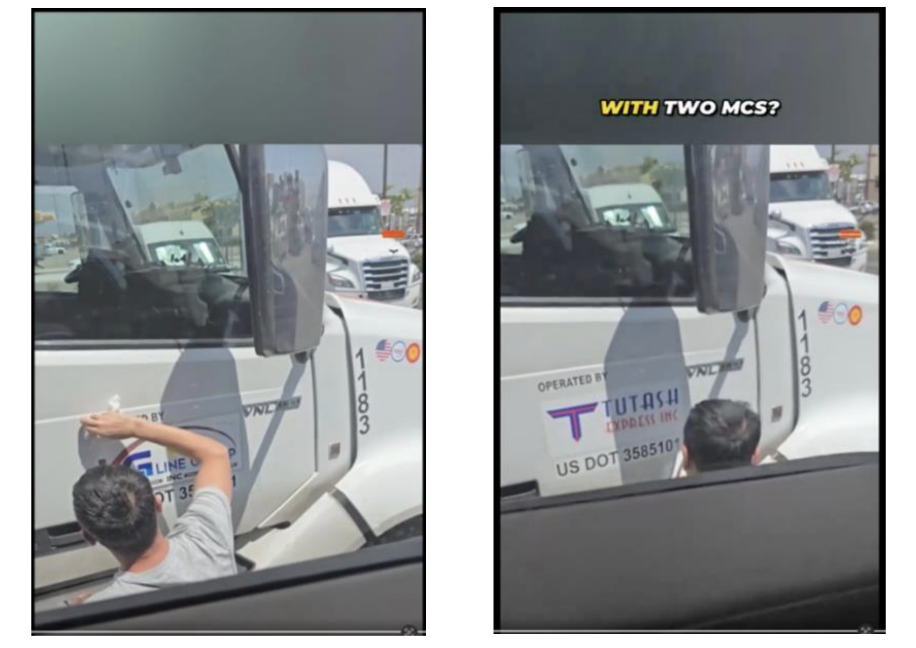 Person photographing truck mirrors with two MCS setup, Totah company vehicle visible in background