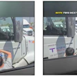 Person photographing truck mirrors with two MCS setup, Totah company vehicle visible in background