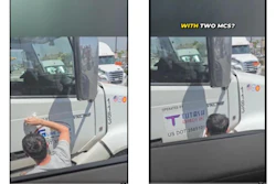 Person photographing truck mirrors with two MCS setup, Totah company vehicle visible in background