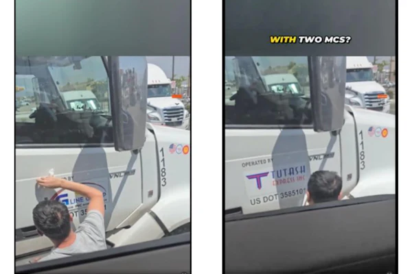 Person photographing truck mirrors with two MCS setup, Totah company vehicle visible in background