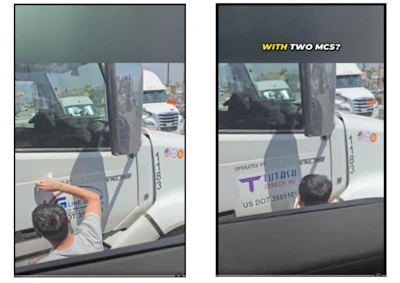 Person photographing truck mirrors with two MCS setup, Totah company vehicle visible in background