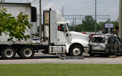 Damaged sedan vehicle beside white semi-truck on highway after collision accident