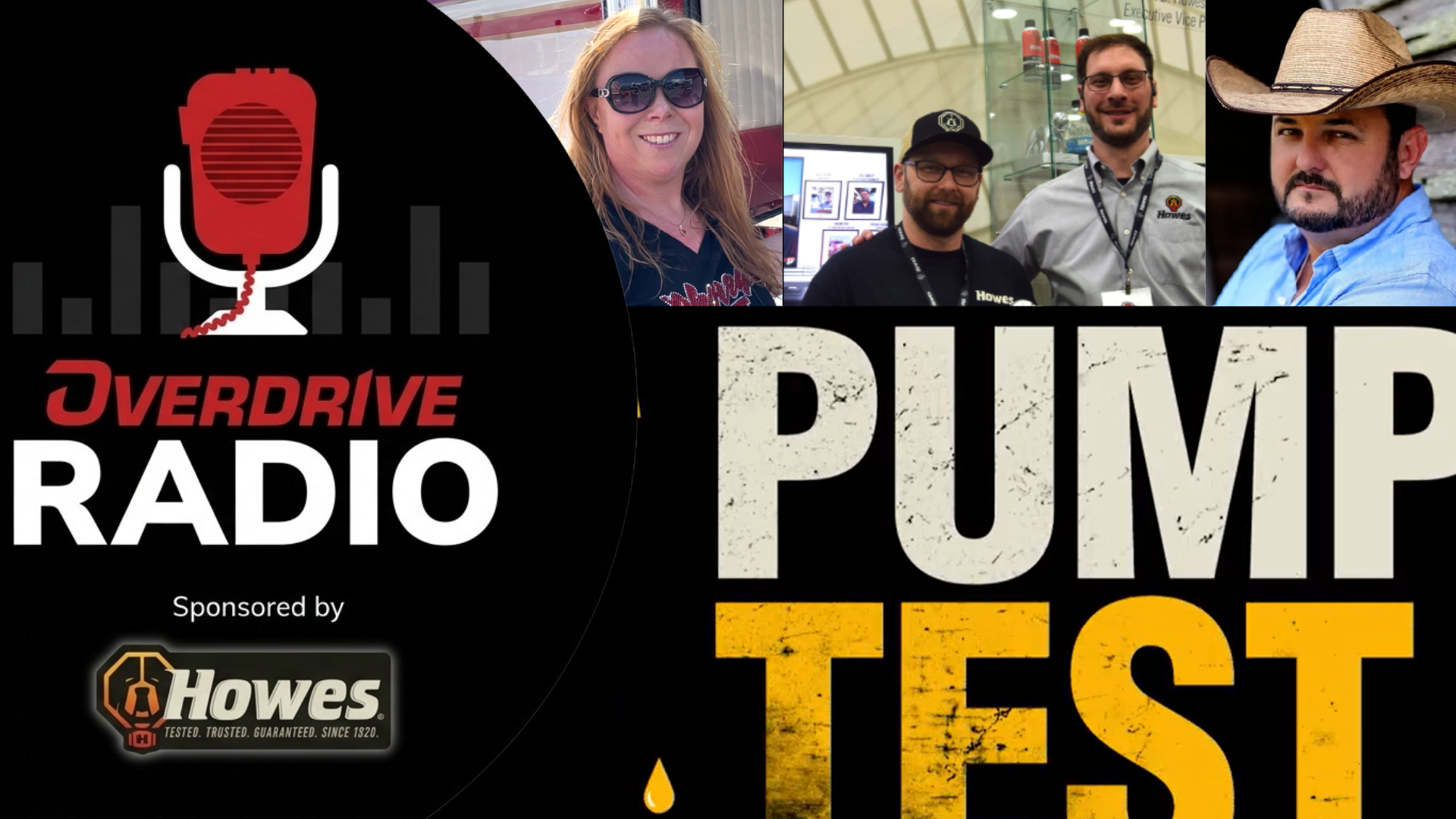 Overdrive Radio and Pump Test event promotional graphic featuring radio microphone logo, sponsor Howes branding, and photos of event participants