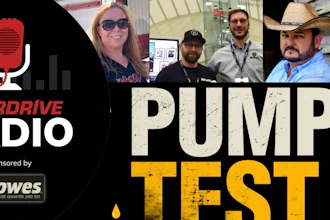 Overdrive Radio and Pump Test event promotional graphic featuring radio microphone logo, sponsor Howes branding, and photos of event participants
