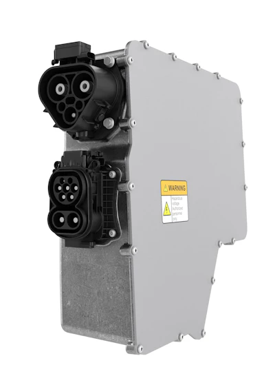 Wall-mounted EV charging station with dual connector ports and gray enclosure panel