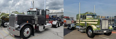 Three classic and vintage heavy-duty trucks displayed at an outdoor truck show with cloudy sky