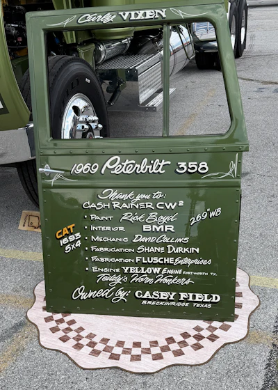 1969 Peterbilt 358 custom truck door panel with credits and owner information on green background