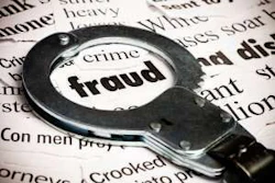 Handcuffs placed over newspaper headlines featuring crime and fraud-related text