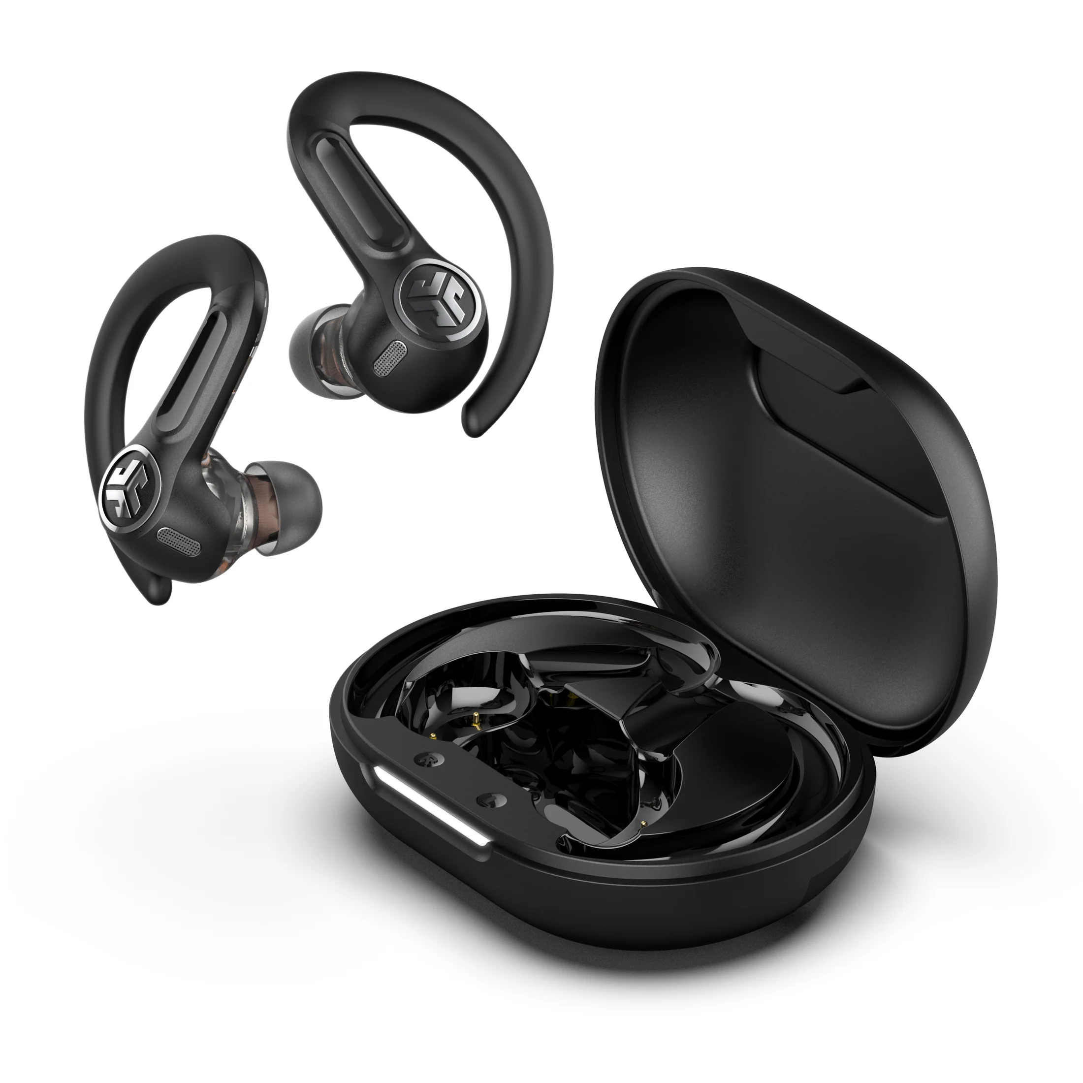 Black JBL wireless earbuds with ear-hook design displayed with open charging case