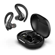 Black JBL wireless earbuds with ear-hook design displayed with open charging case