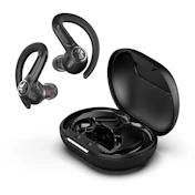 Black JBL wireless earbuds with ear-hook design displayed with open charging case