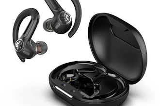 Black JBL wireless earbuds with ear-hook design displayed with open charging case