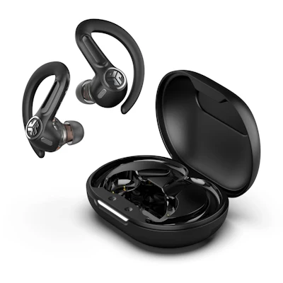 Black JBL wireless earbuds with ear-hook design displayed with open charging case