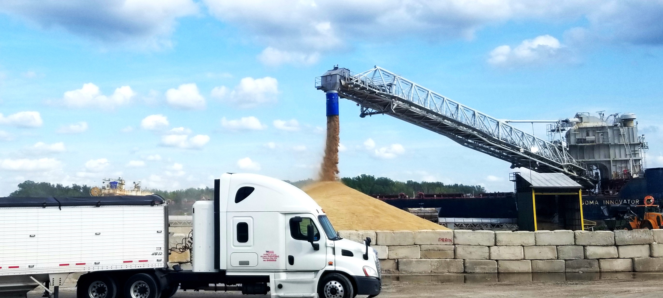 White semi-truck loading grain from industrial conveyor system at agricultural facility