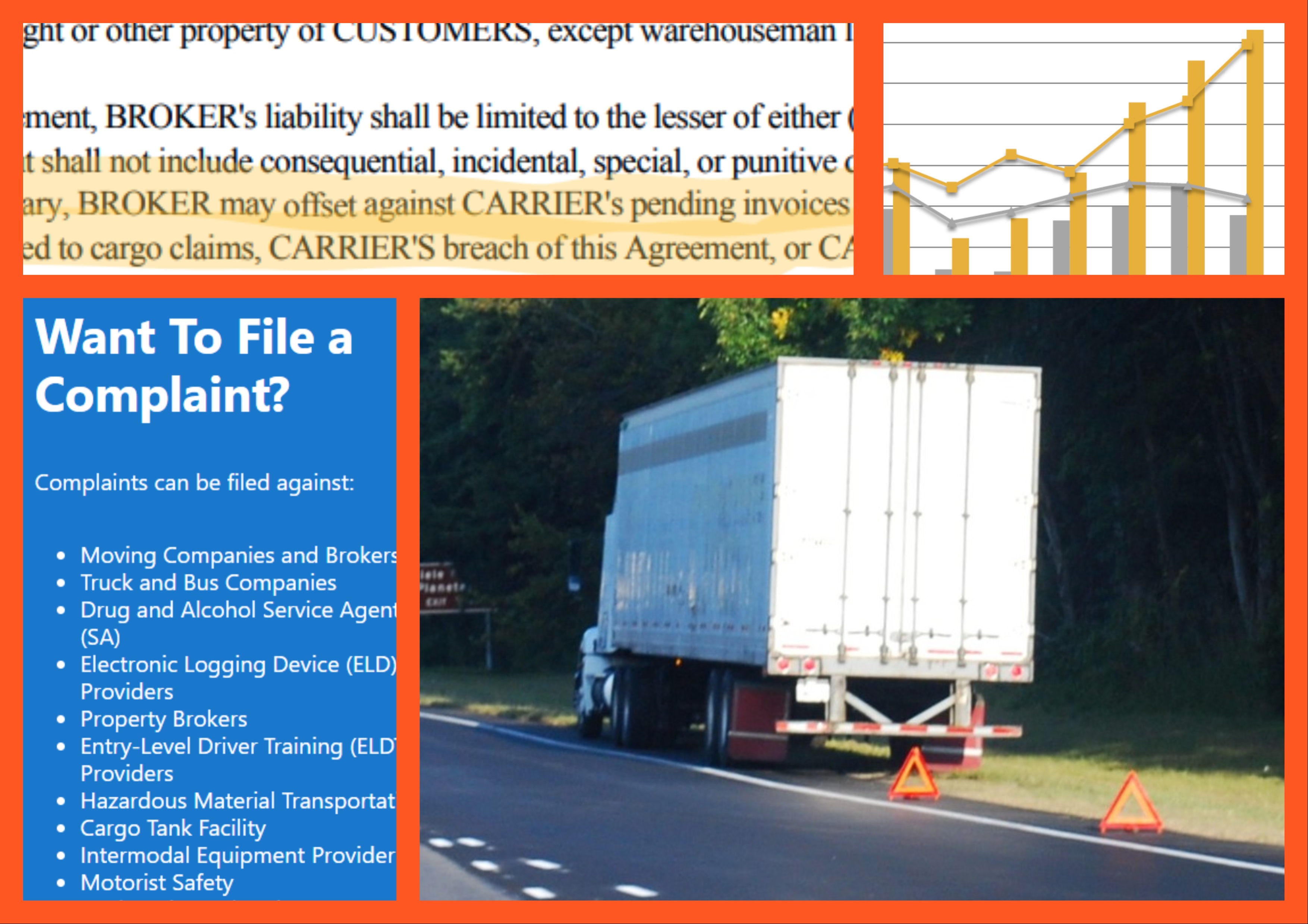 Webpage showing complaint filing information for transportation services, financial chart, and commercial truck on highway with warning triangle