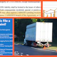 Webpage showing complaint filing information for transportation services, financial chart, and commercial truck on highway with warning triangle
