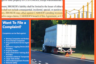 Webpage showing complaint filing information for transportation services, financial chart, and commercial truck on highway with warning triangle