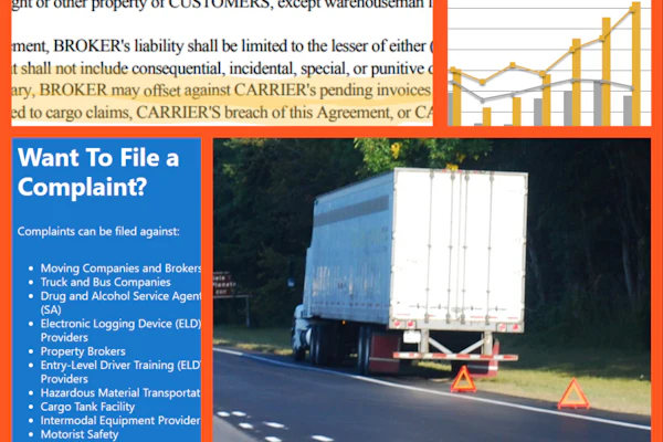 Webpage showing complaint filing information for transportation services, financial chart, and commercial truck on highway with warning triangle