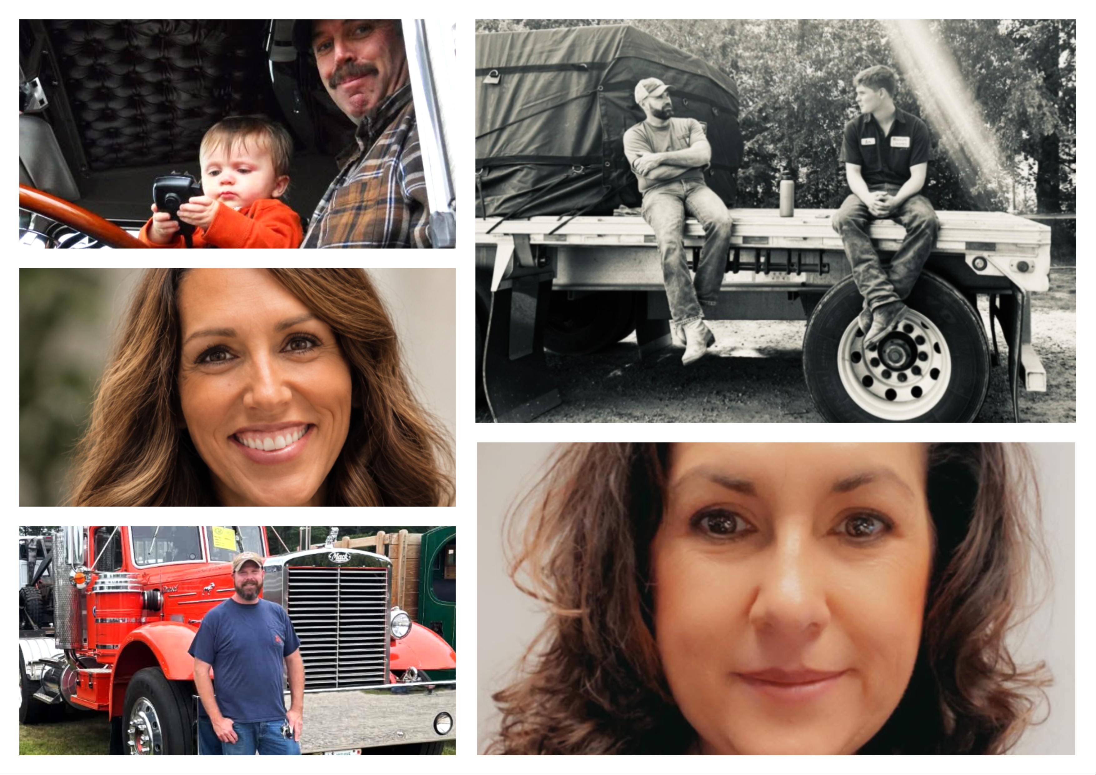 Collage of six personal photographs showing people in outdoor and vehicle settings, including family moments and portrait shots