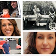 Collage of six personal photographs showing people in outdoor and vehicle settings, including family moments and portrait shots