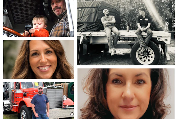 Collage of six personal photographs showing people in outdoor and vehicle settings, including family moments and portrait shots