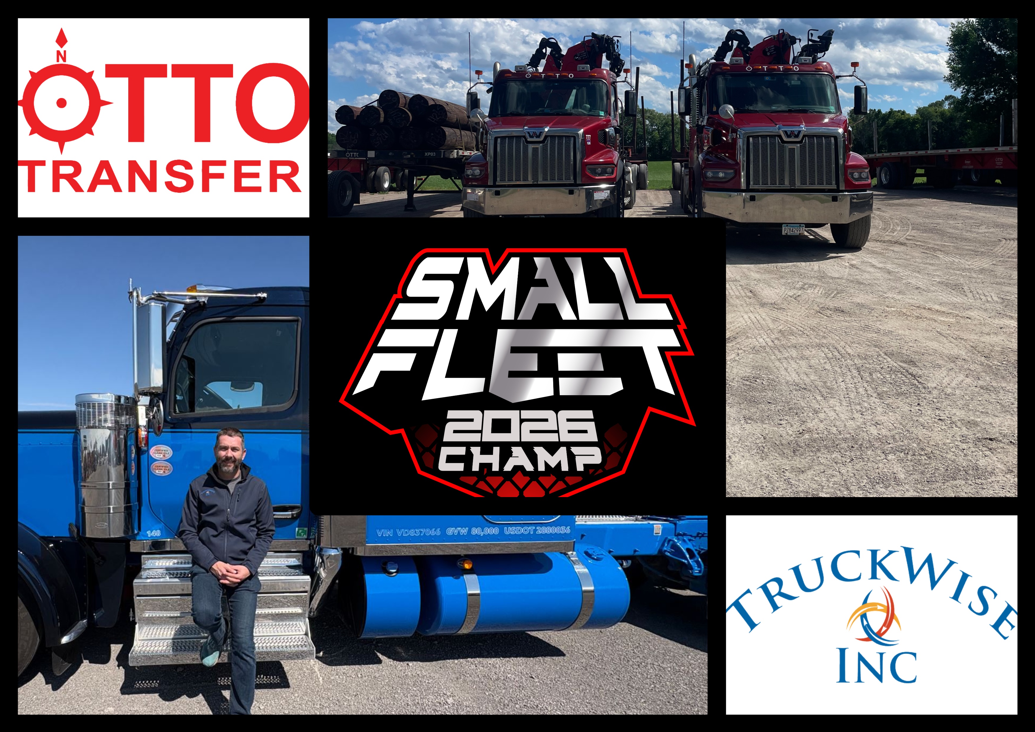 Trucking company collage featuring Otto Transfer and Truckwise Inc logos with red commercial trucks and Small Fleet 2026 Champ badge