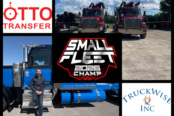 Trucking company collage featuring Otto Transfer and Truckwise Inc logos with red commercial trucks and Small Fleet 2026 Champ badge