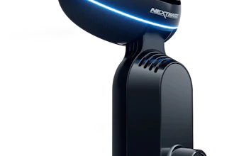 Nextbase dash camera with blue LED accent, featuring front-facing lens and microphone mounted on adjustable bracket