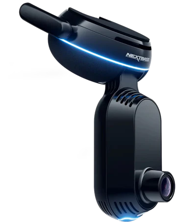 Nextbase dash camera with blue LED accent, featuring front-facing lens and microphone mounted on adjustable bracket