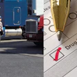 Composite image showing truck driver beside semi-truck on left and drug testing form with pen on right