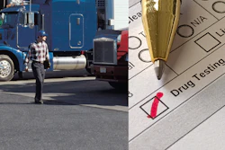 Composite image showing truck driver beside semi-truck on left and drug testing form with pen on right