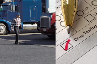 Composite image showing truck driver beside semi-truck on left and drug testing form with pen on right