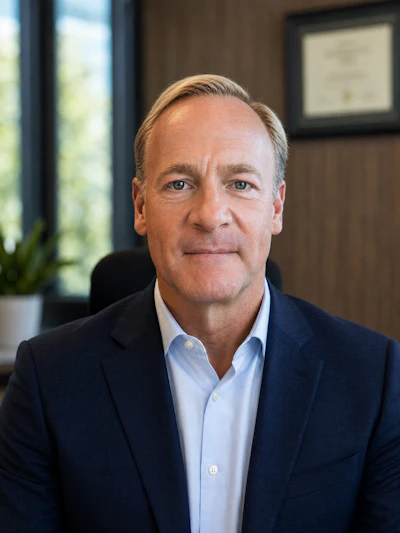 Professional headshot of a man in dark blazer and light blue shirt in modern office setting