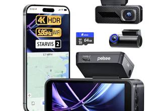 Pelsee dashcam system with 4K HDR video, 5GHz WiFi, smartphone app display, microSD card, and multiple camera units