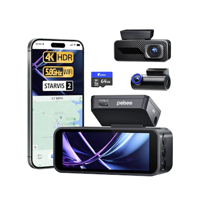 Pelsee dashcam system with 4K HDR video, 5GHz WiFi, smartphone app display, microSD card, and multiple camera units