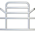 Silver metal bed frame with curved side rails and horizontal bar design