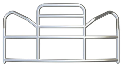 Silver metal bed frame with curved side rails and horizontal bar design
