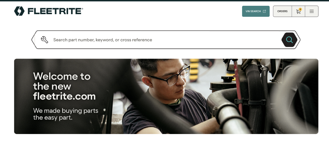 Fleetrite logo with lightning bolt symbol and tagline welcoming users to the new fleet parts website