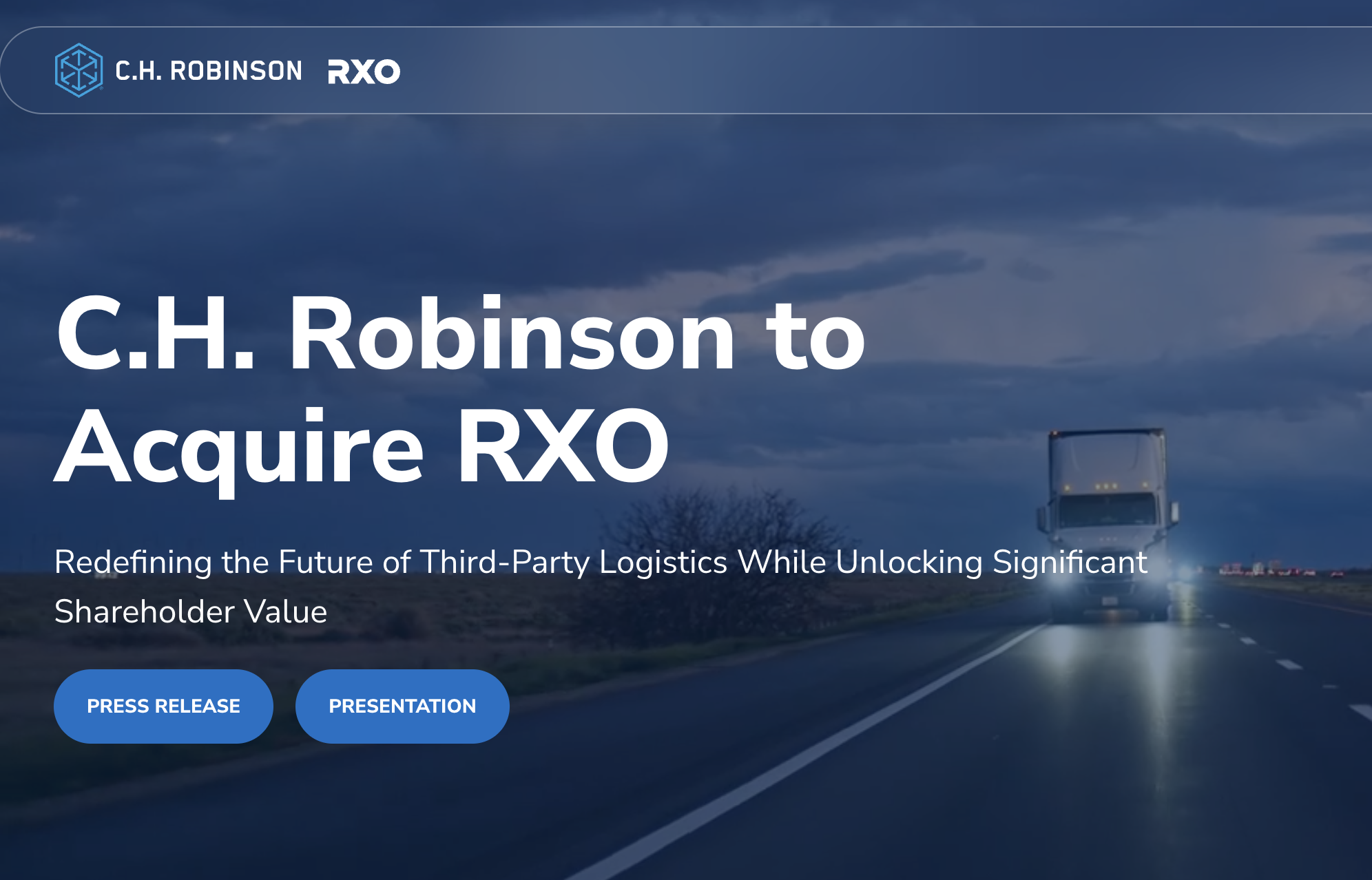 C.H. Robinson and RXO acquisition announcement featuring hexagonal logo on highway background