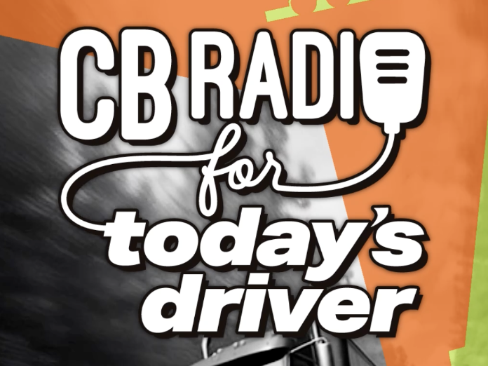 CB Radio promotional graphic with white text on orange background featuring person holding microphone
